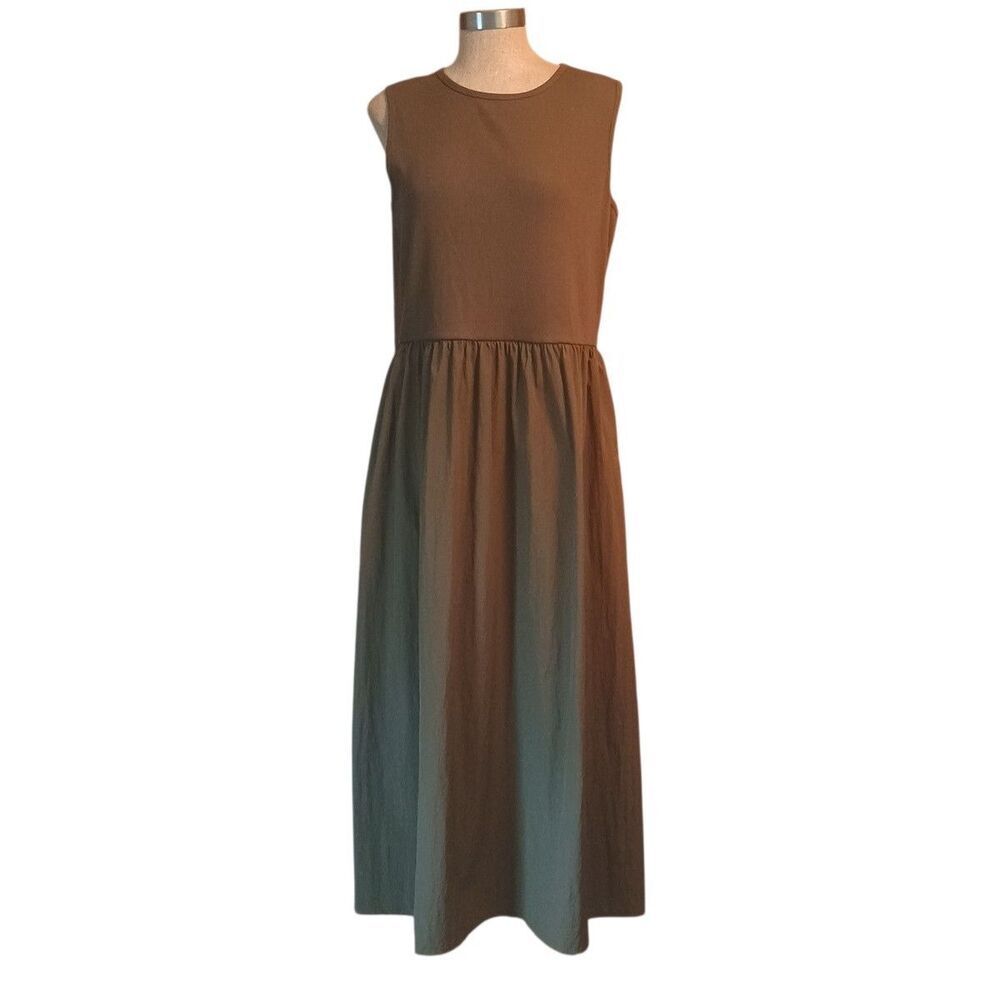 UNIQLO Combination Midi Dress Women's XL Brown Lagenlook Cottage Pockets NWT